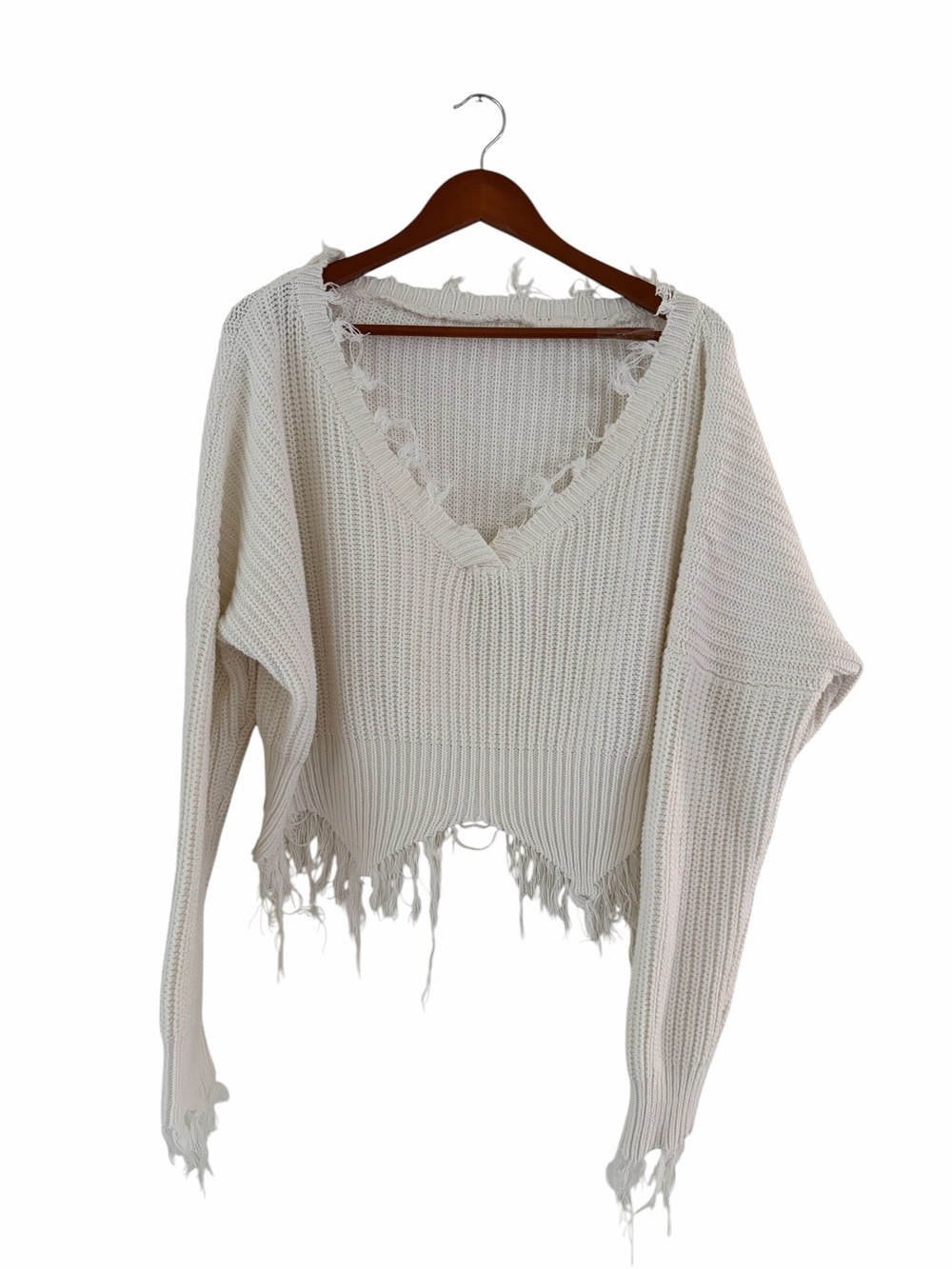 Distressed V-Neck Knit Sweater in Cream